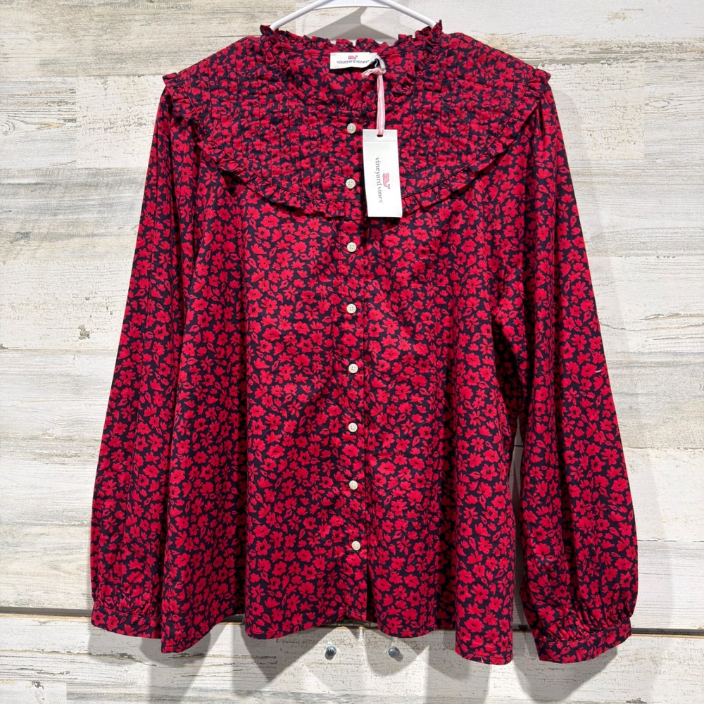 Vineyard Vines Wildflowers Pleated Yoke Top Women 12 Red Floral Preppy NWT